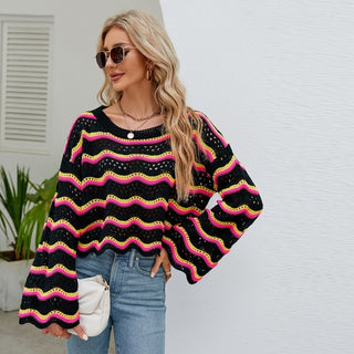 Wave Stripes White Black Winter Sweater Women O Neck Hollow Out Casual